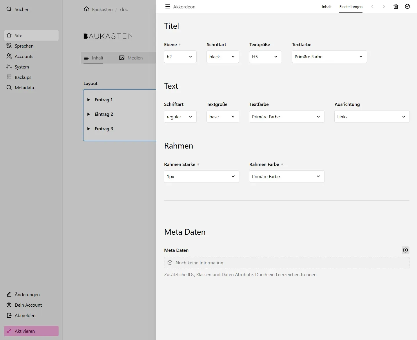 Screenshot Akkordeon Einstellungen