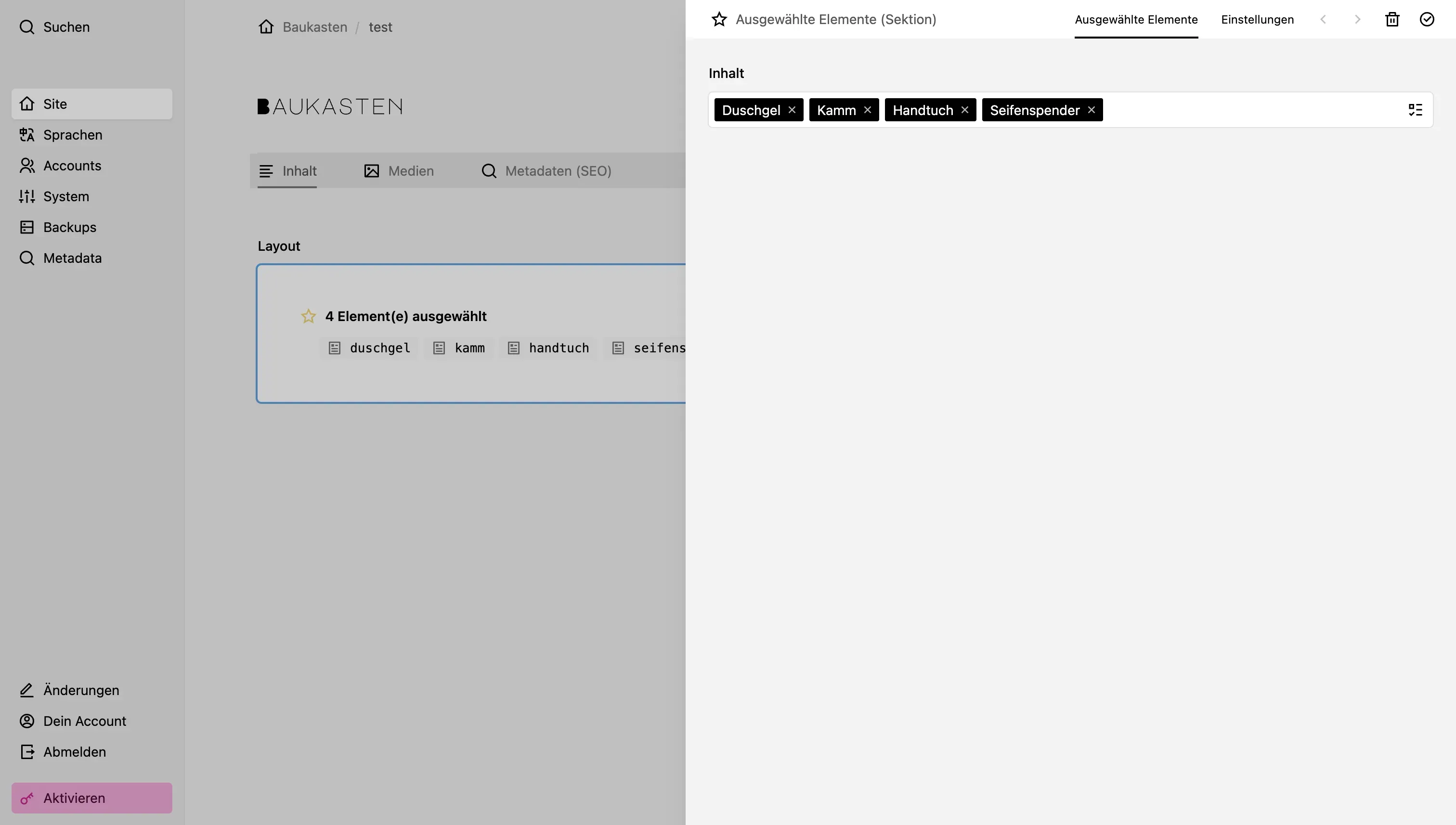 Screenshot Ausgewählte Elemente Einstellungen