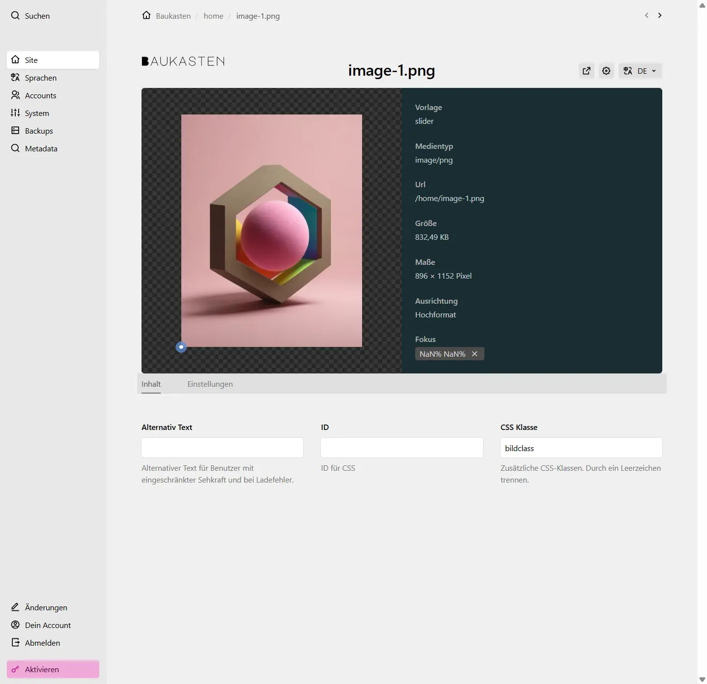 Screenshot Bild Einstellungen