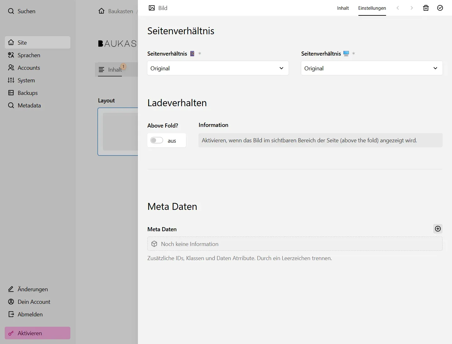 Screenshot Bild Einstellungen