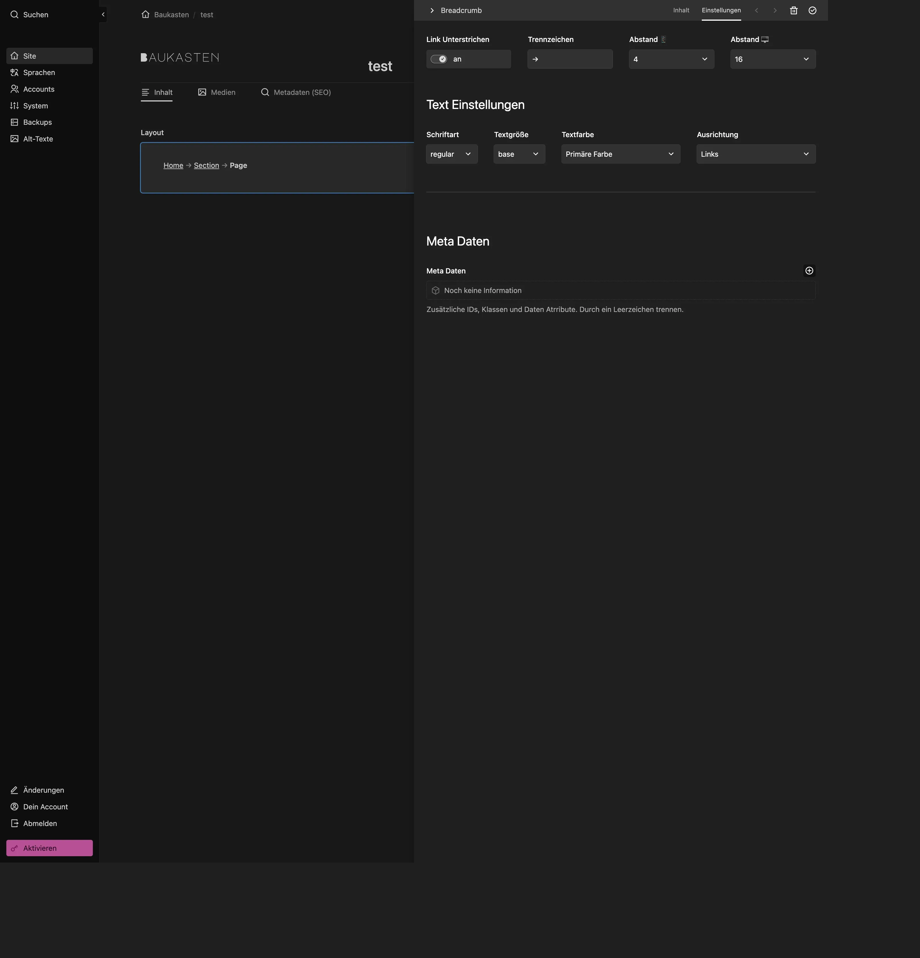 Screenshot Breadcrumb Einstellungen