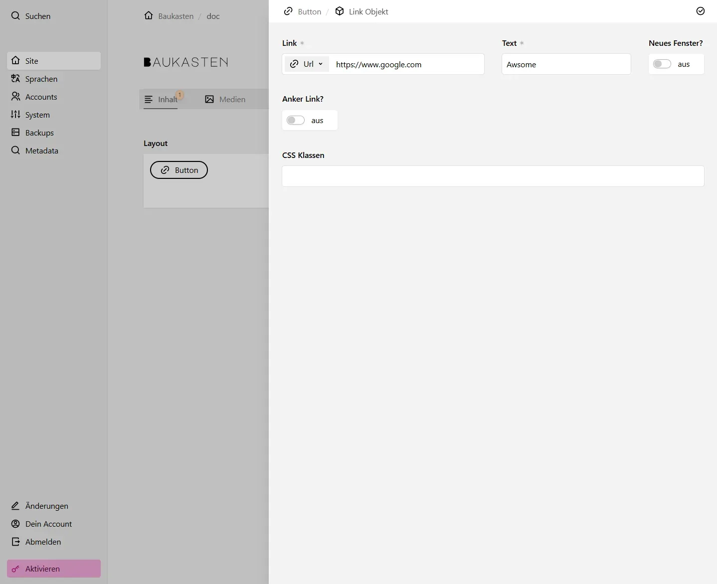 Screenshot Button Einstellungen
