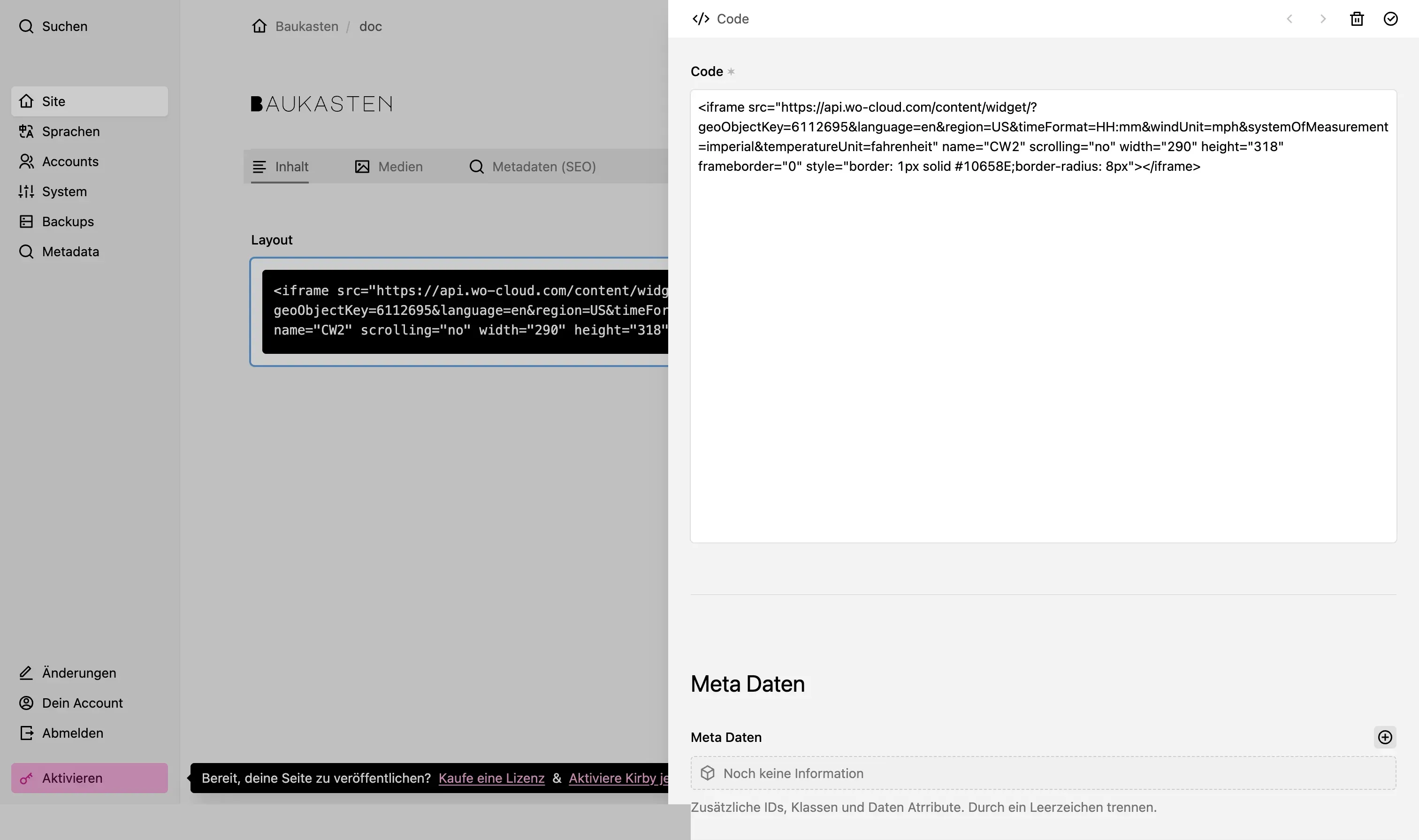 Screenshot Code Einstellungen