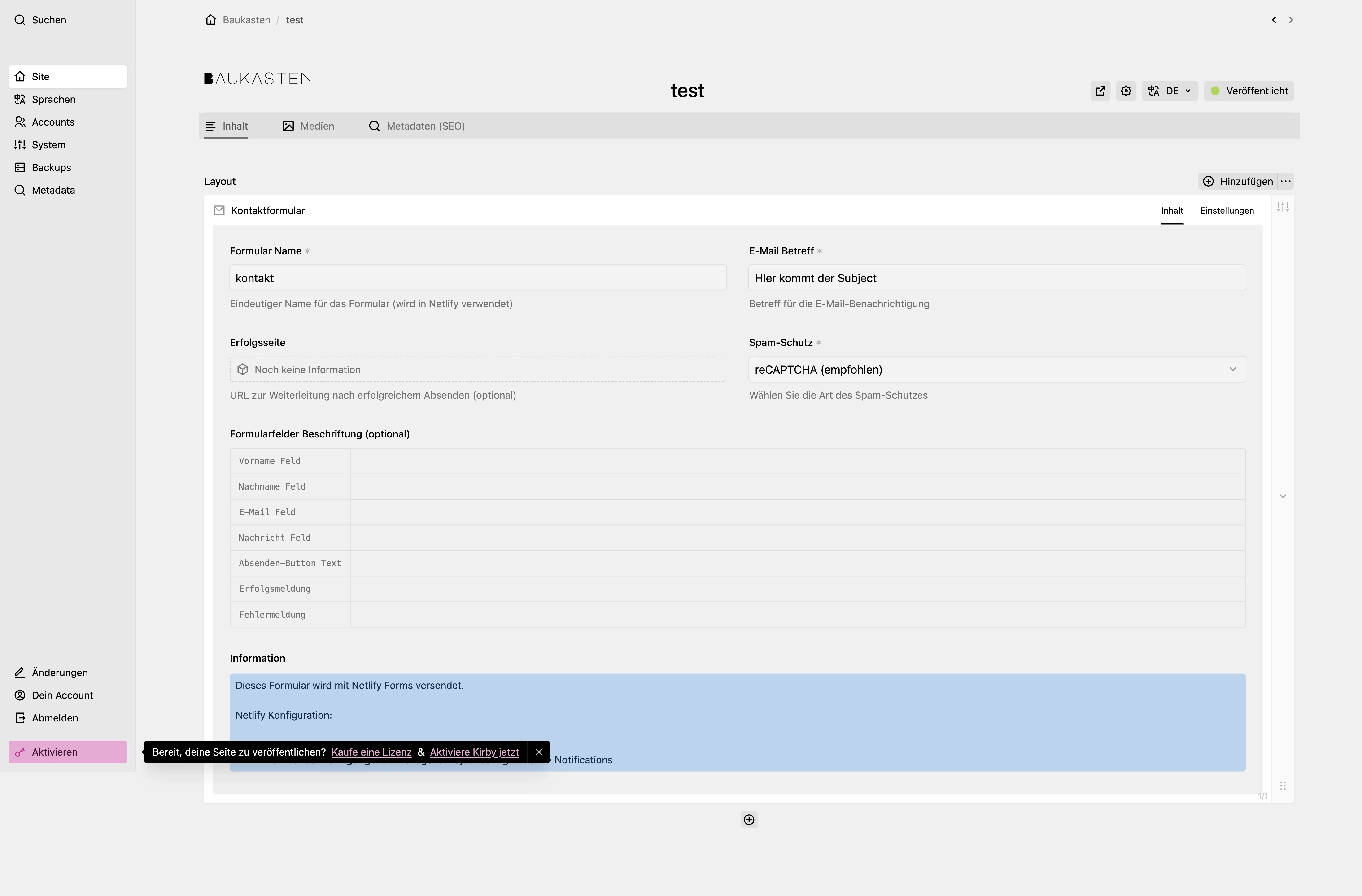 Screenshot Kontaktformular Einstellungen