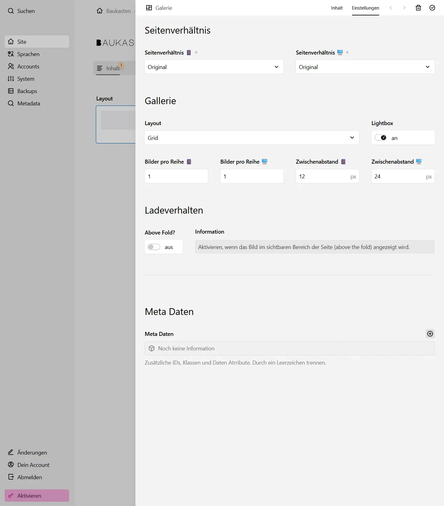 Screenshot Galerie Einstellungen