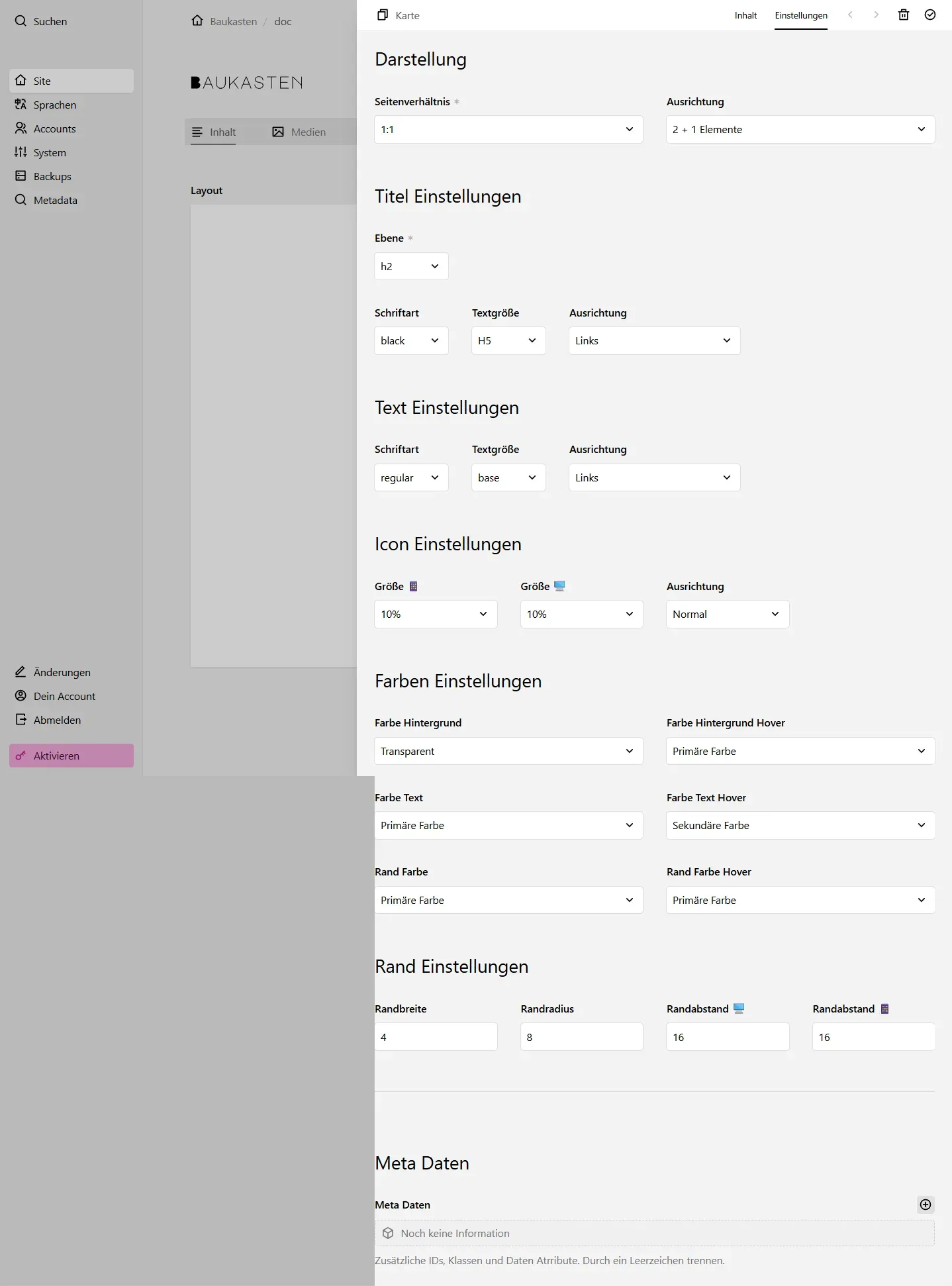 Screenshot Karte Einstellungen