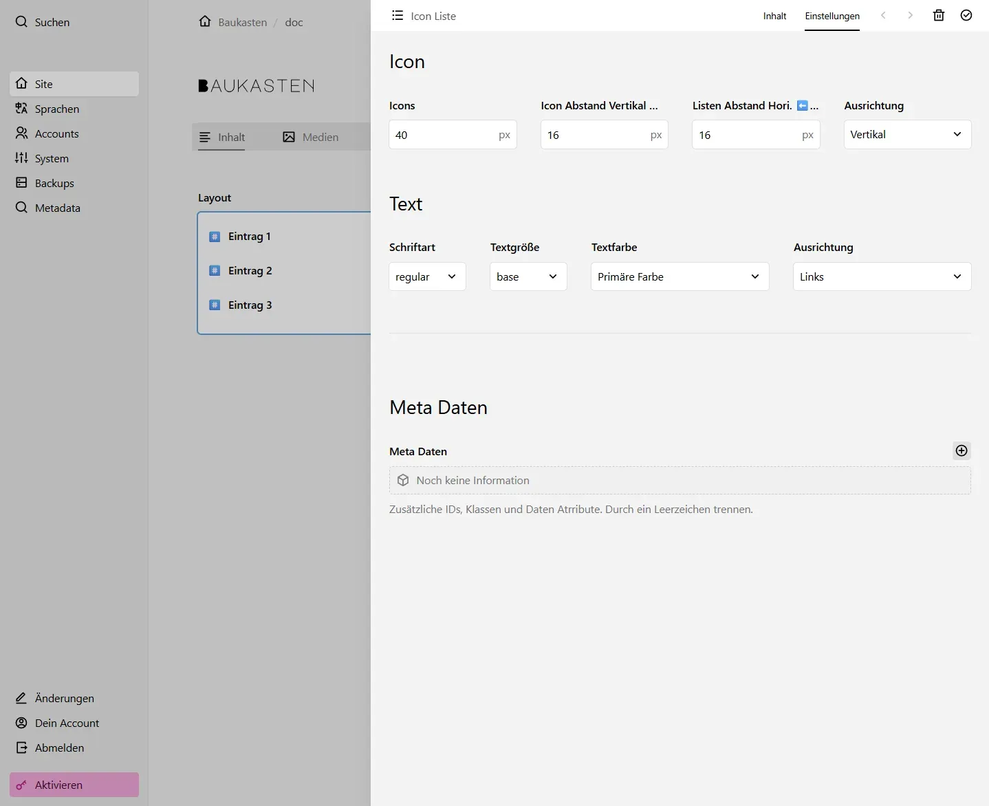 Screenshot Icon Liste Einstellungen