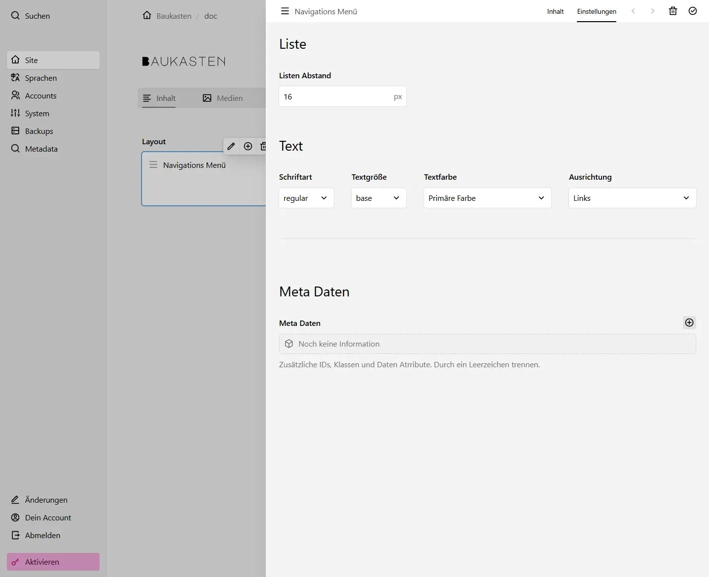 Screenshot Navigations Menü Einstellungen