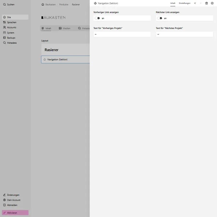 Screenshot Navigation Einstellungen