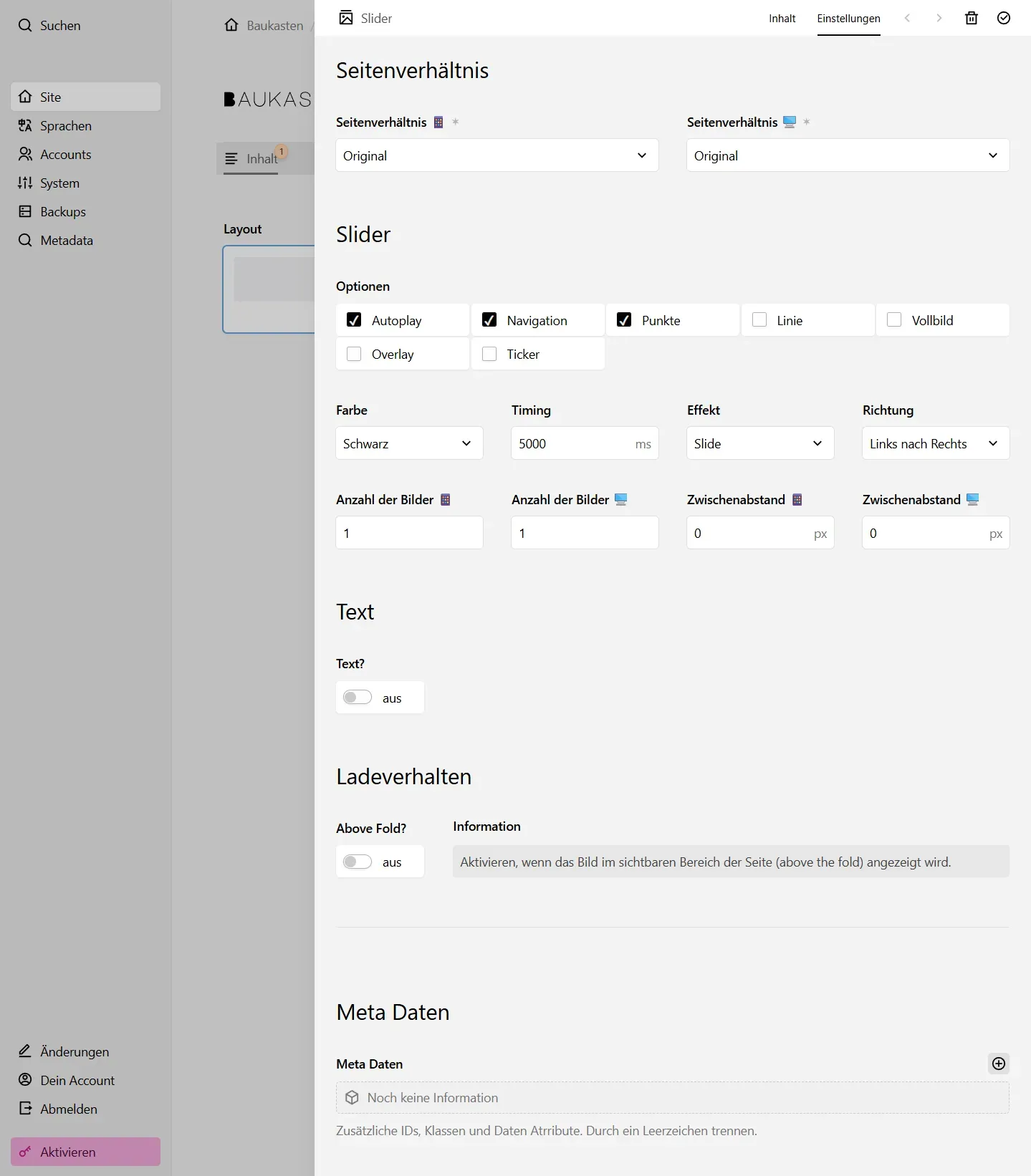 Screenshot Slider Einstellungen