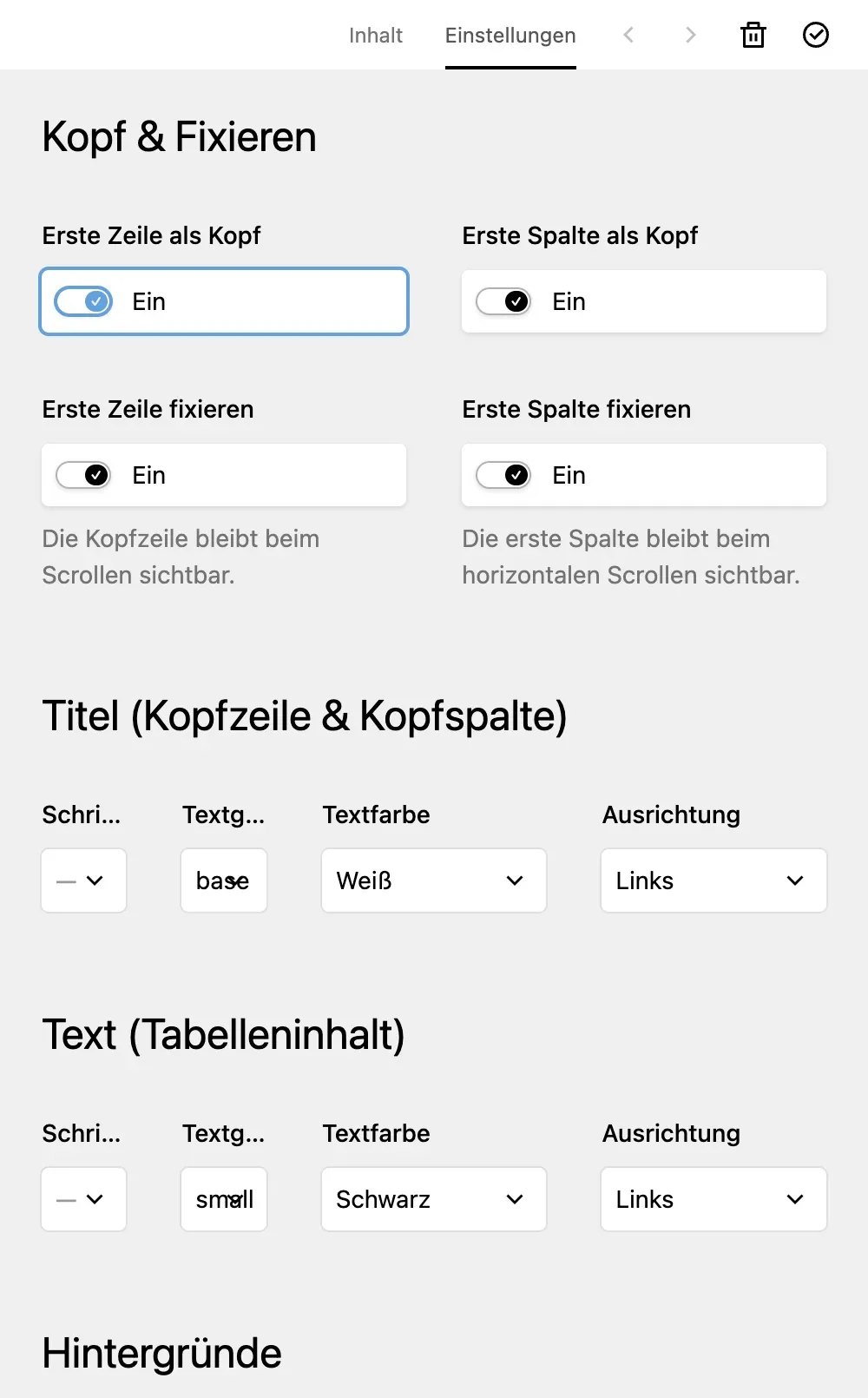 Screenshot Tabelle Einstellungen