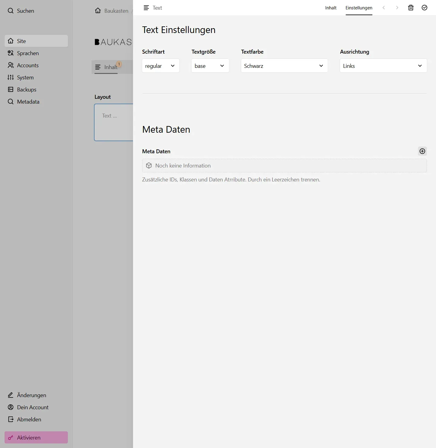 Screenshot Text Einstellungen