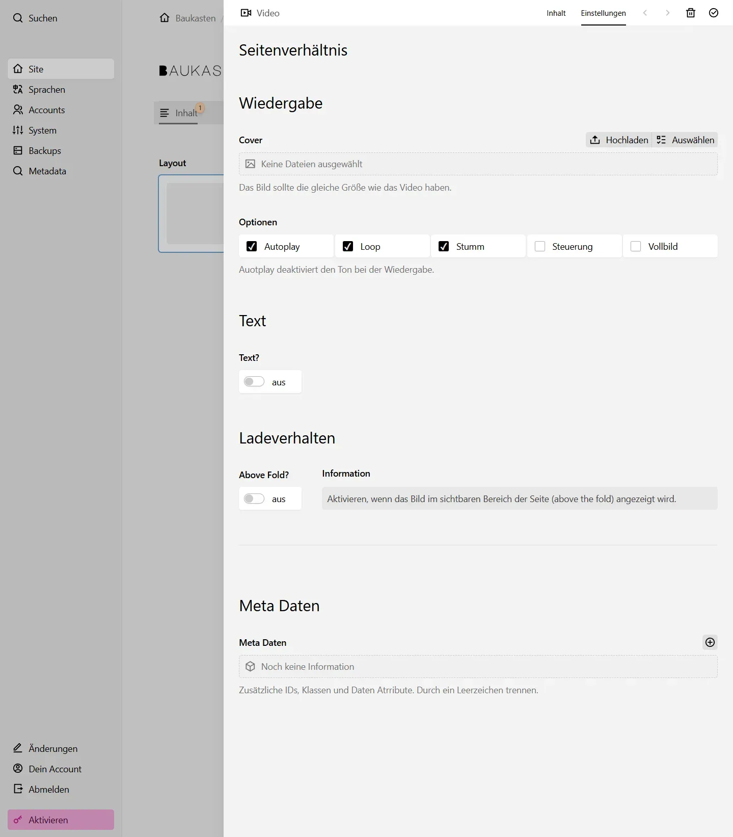 Screenshot Video Einstellungen