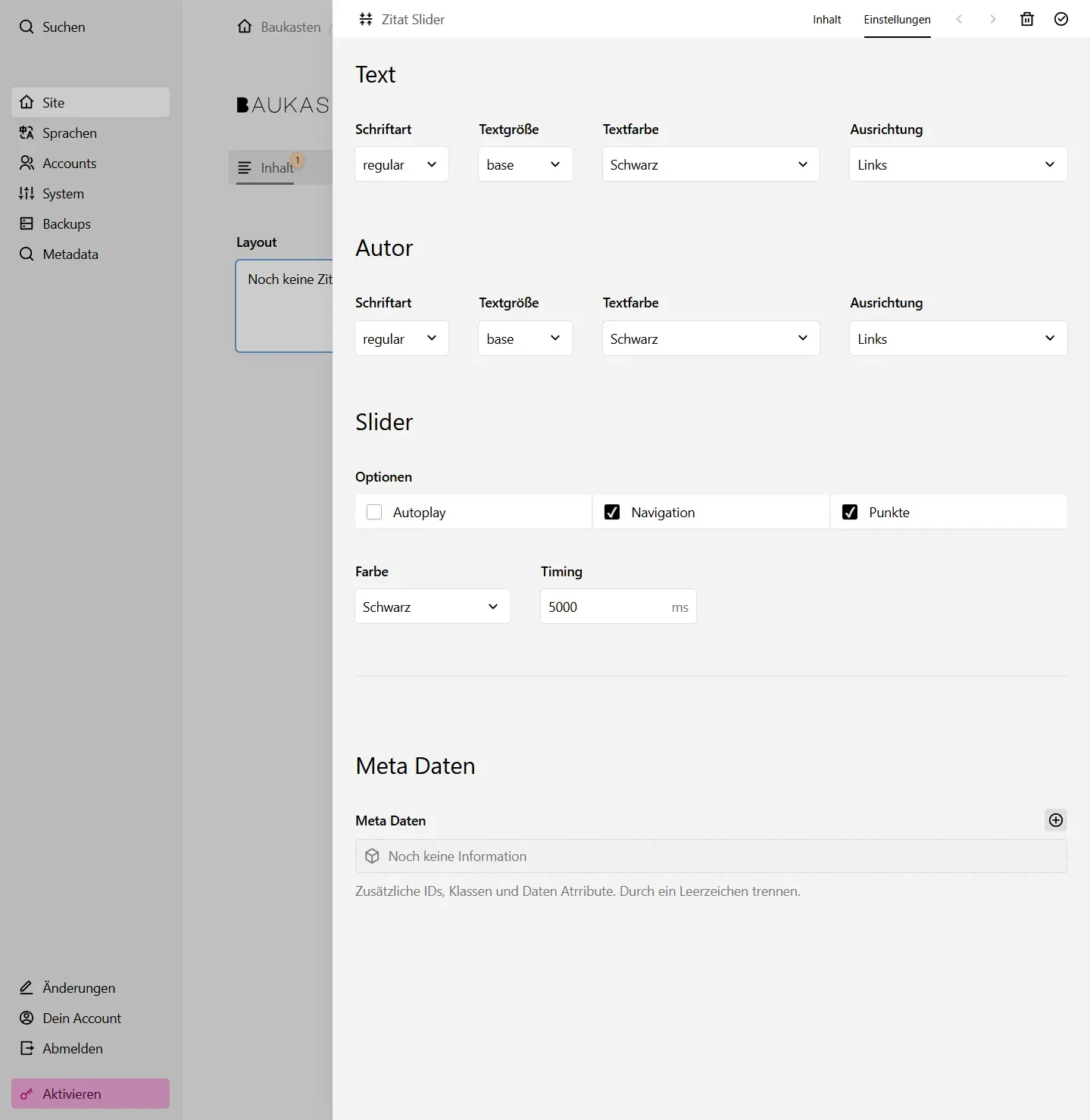 Screenshot Zitat Slider Einstellungen