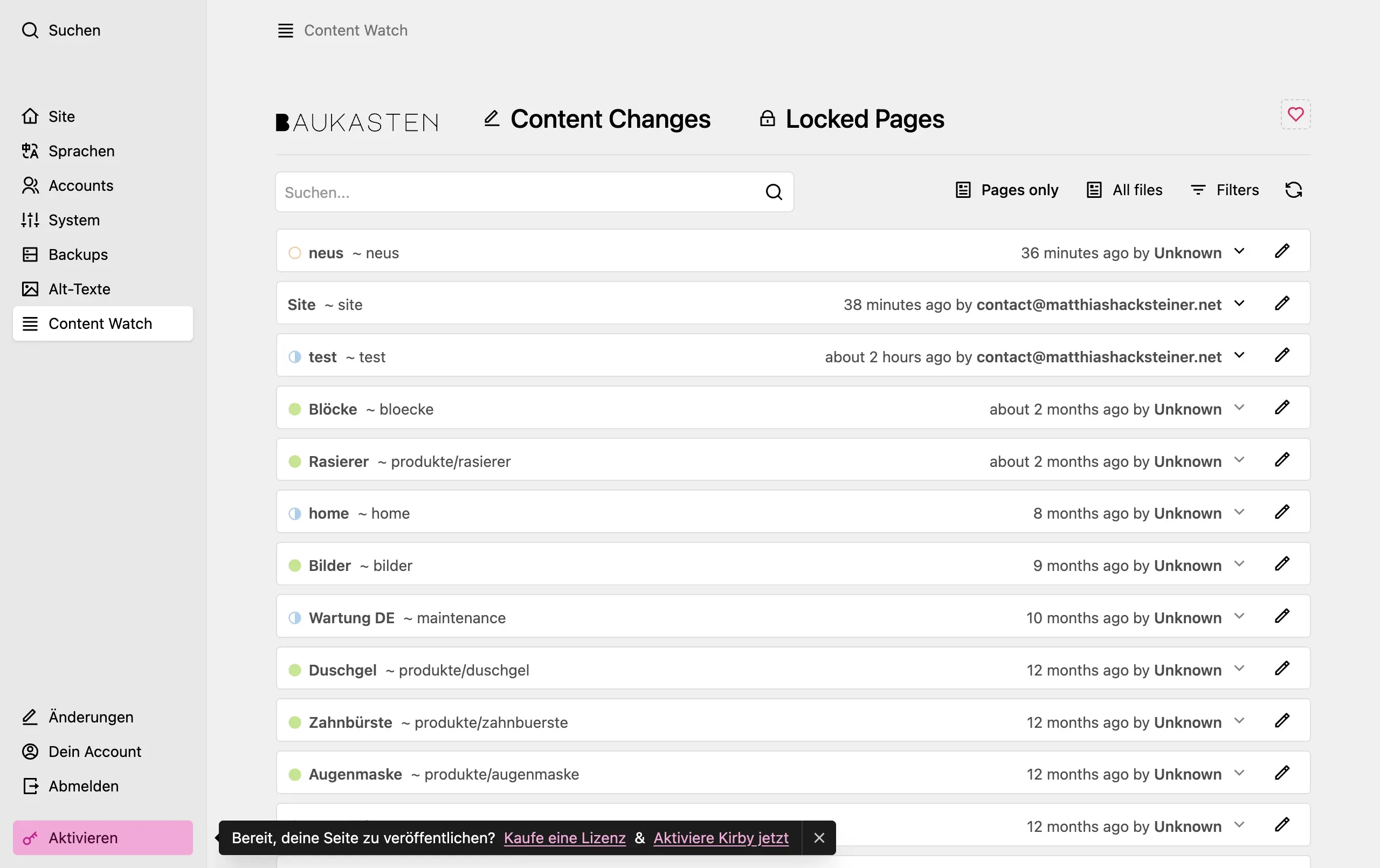 Content Watch – Änderungsprotokoll im Baukasten Backend