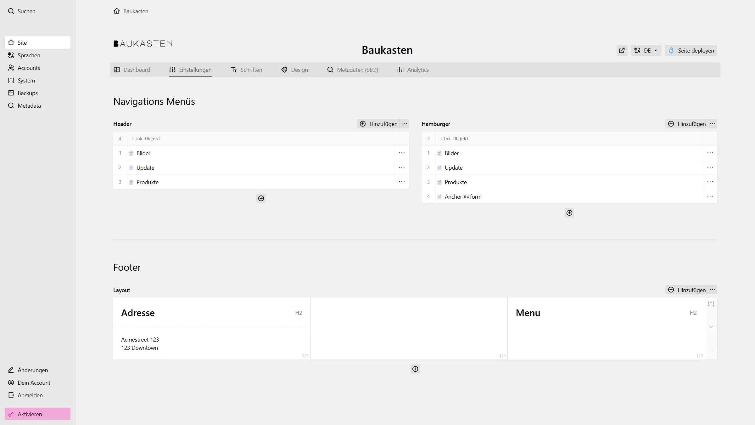Baukasten Einstellungen