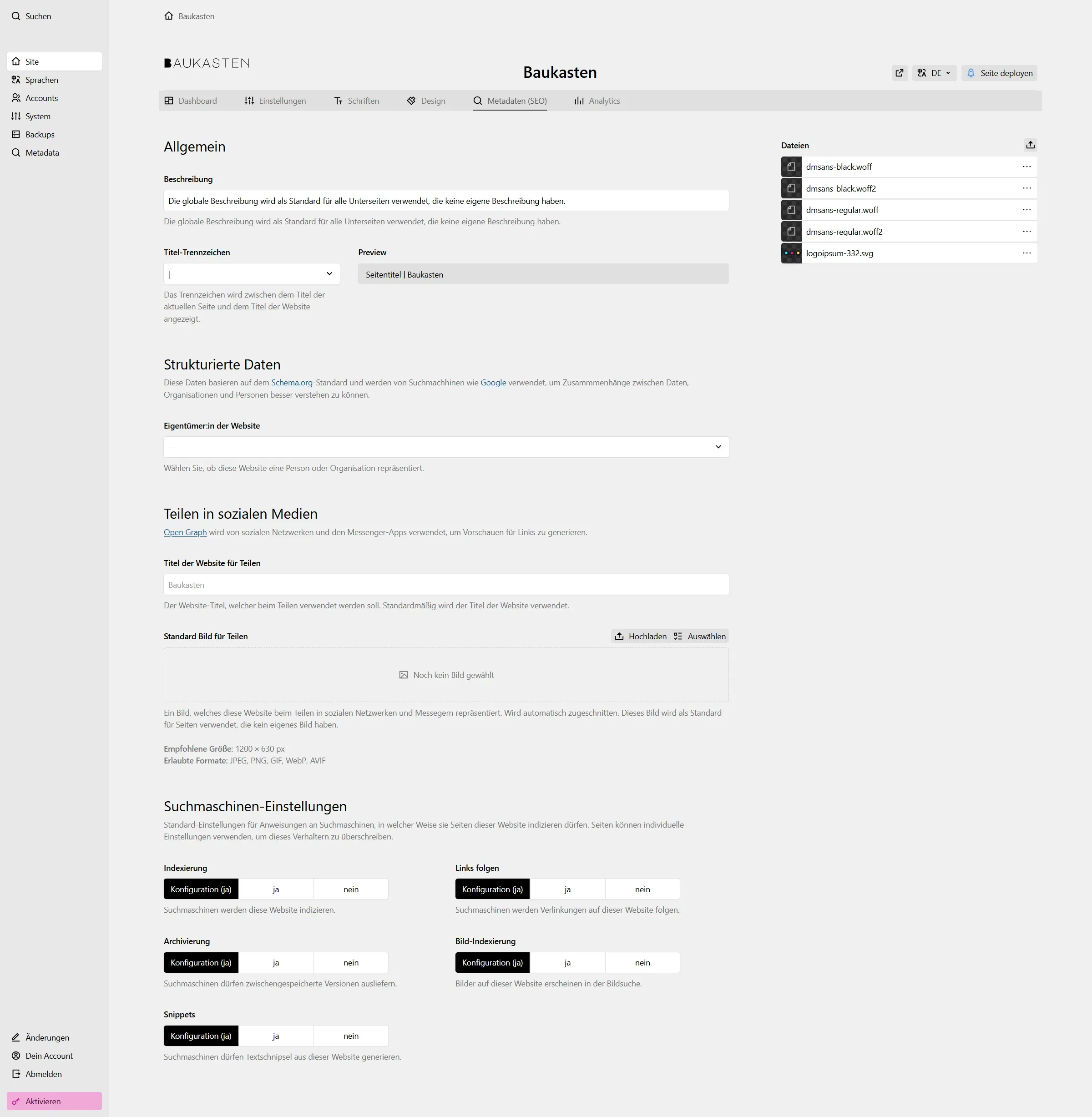 Globale SEO Einstellungen im Baukasten Backend