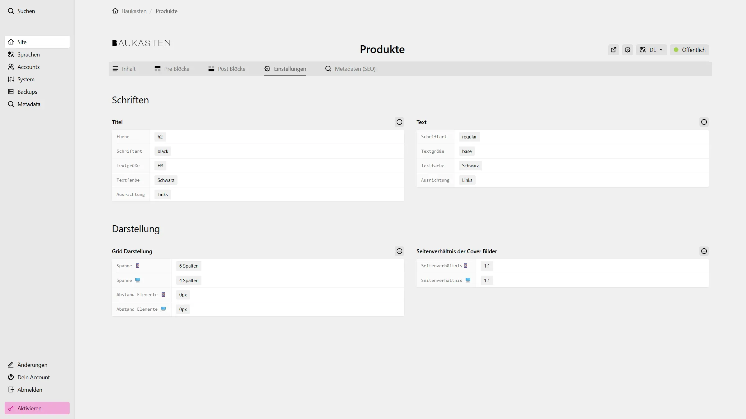 Baukasten Sektionen Einstellungen