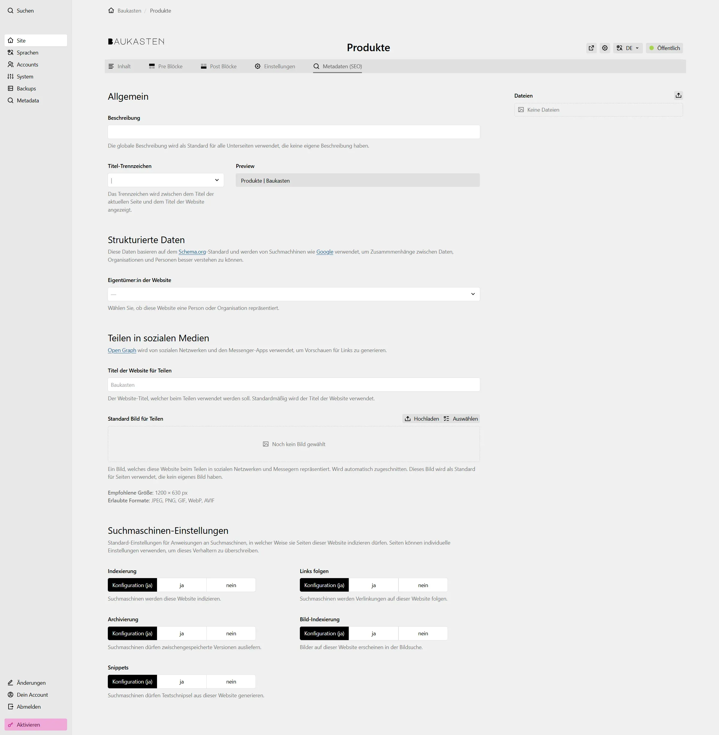 Baukasten Sektionen Metadata